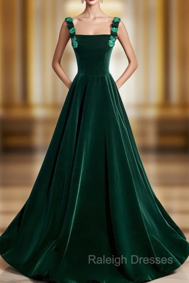 A-Line Velvet Green Long Prom Dresses, Green Formal Evening Dresses Main image