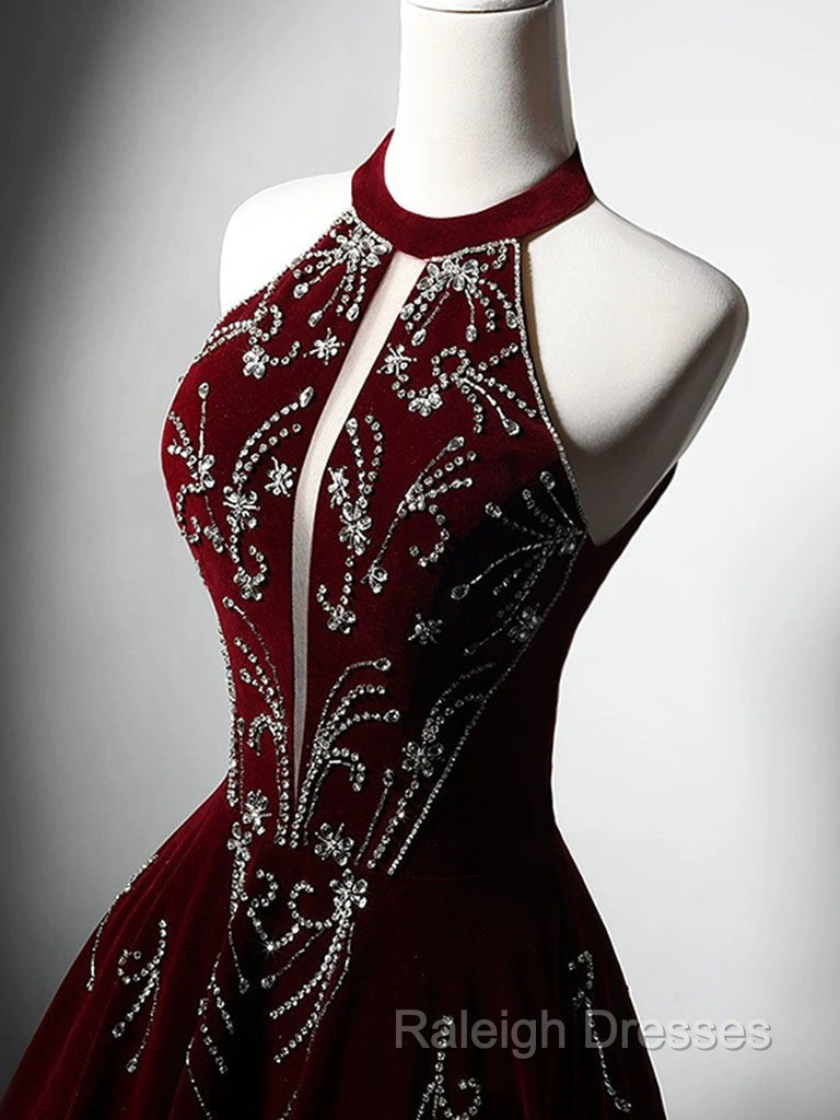 A Line Velvet Sequin Beads Burgundy Long Prom Dress, Burgundy Long Formal Dress Secondary image