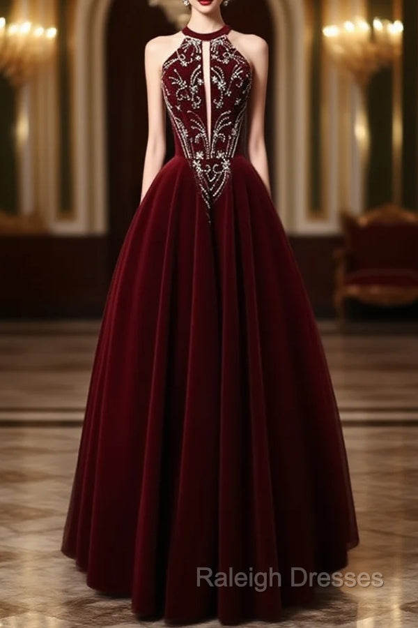 A-Line Velvet Sequin Beads Burgundy Long Prom Dress, Burgundy Long Formal Dress