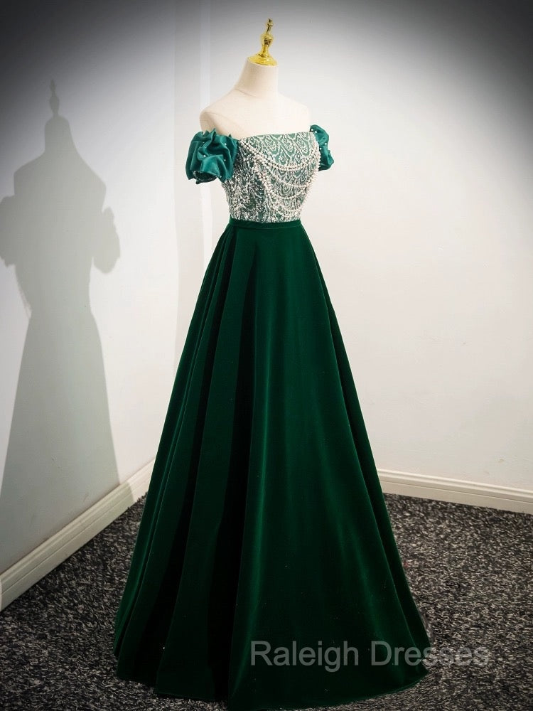 A-Line Velvet Sequin Beads Green Long Prom Dress, Green Velvet Long Formal Dress Secondary image