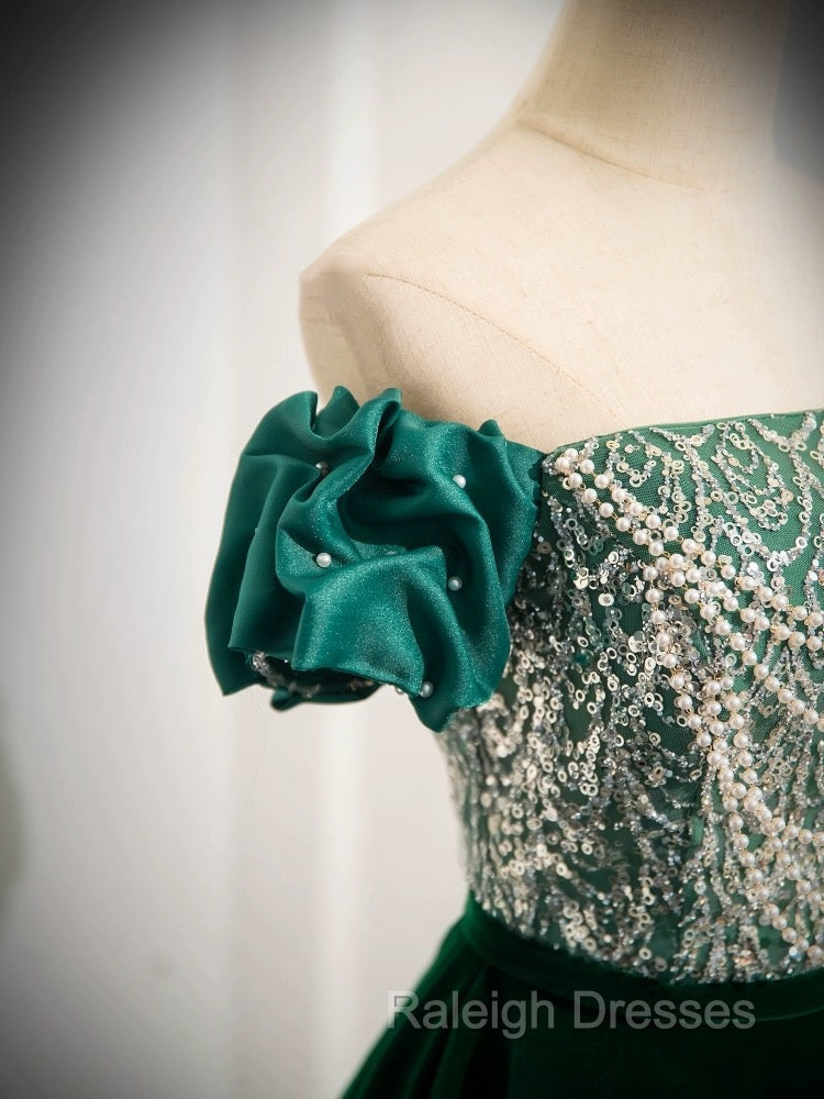 A-Line Velvet Sequin Beads Green Long Prom Dress, Green Velvet Long Formal Dress