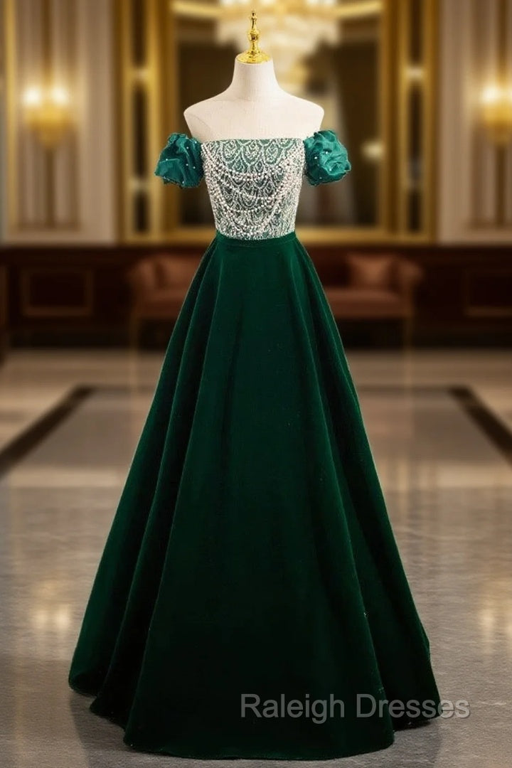 A-Line Velvet Sequin Beads Green Long Prom Dress, Green Velvet Long Formal Dress Main image