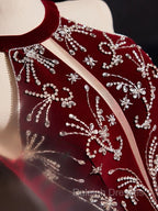 A-Line Velvet Sequin Burgundy Long Prom Dress Long Formal Dress December Wedding Guest Dress