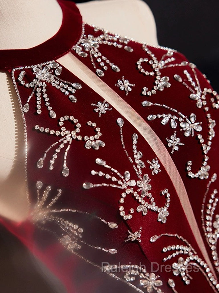 A-Line Velvet Sequin Burgundy Long Prom Dress Long Formal Dress December Wedding Guest Dress