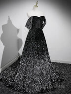 A-Line Velvet Sequin Long Black Prom Dress, Black Long Evening Dress