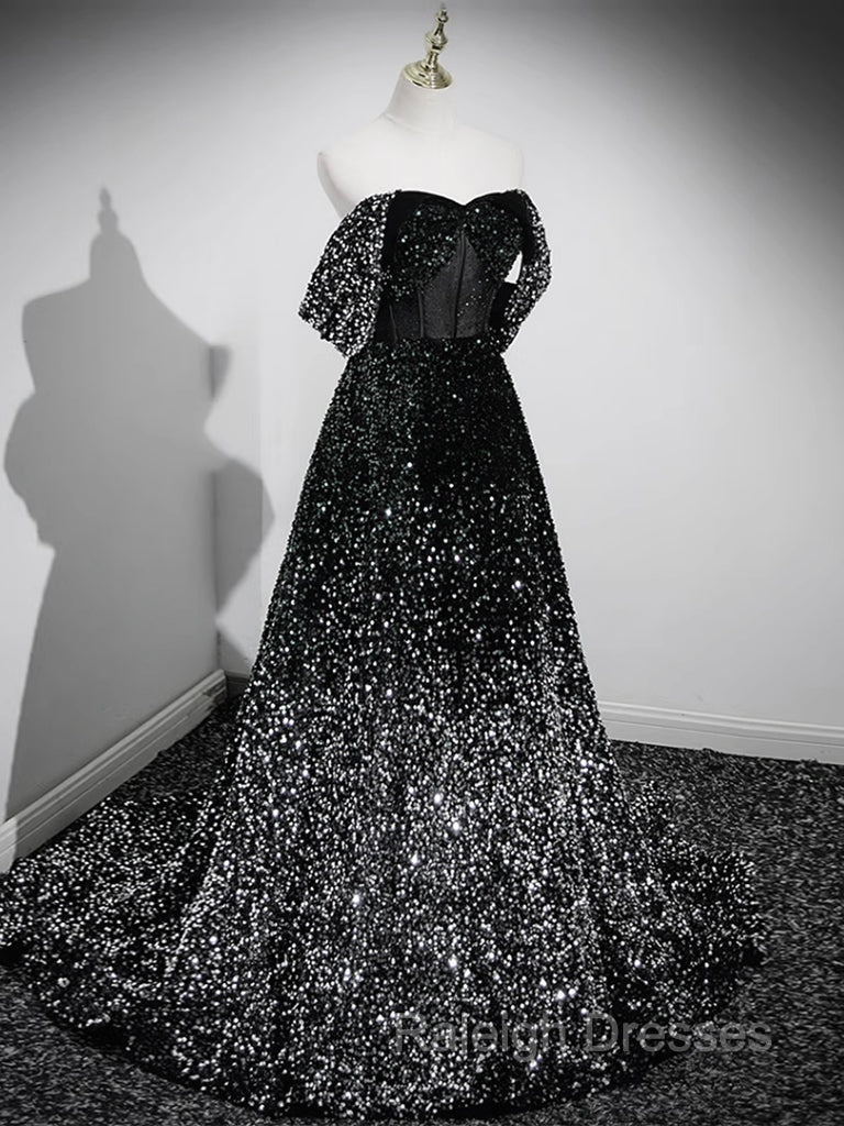 A-Line Velvet Sequin Long Black Prom Dress, Black Long Evening Dress