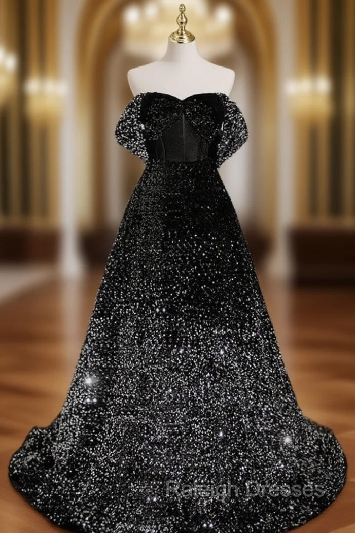 A Line Velvet Sequin Long Black Prom Dresses Black Long Prom Dresses Main image