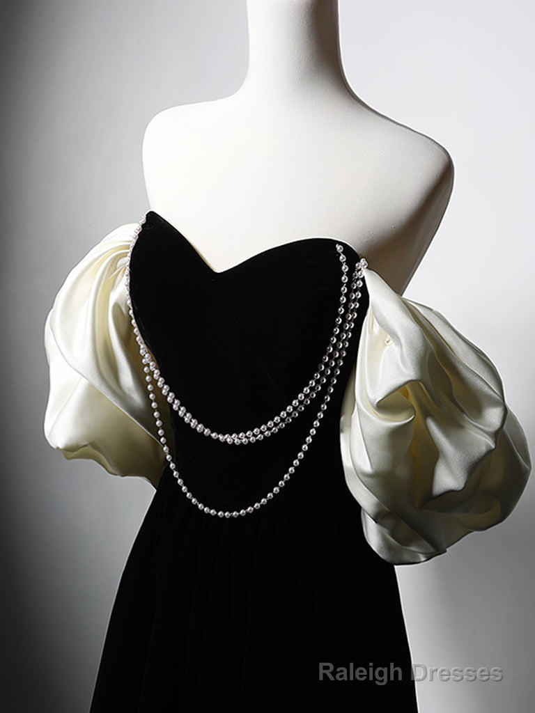 A-Line Velvet Tea Length Black Prom Dress, Tea Length Black Formal Dress Secondary image