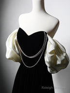 A-Line Velvet Tea Length Black Prom Dress, Tea Length Black Formal Dress