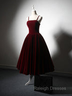 A-Line Velvet Tea Length Burgundy Prom Dress, Burgundy Cocktail Dress