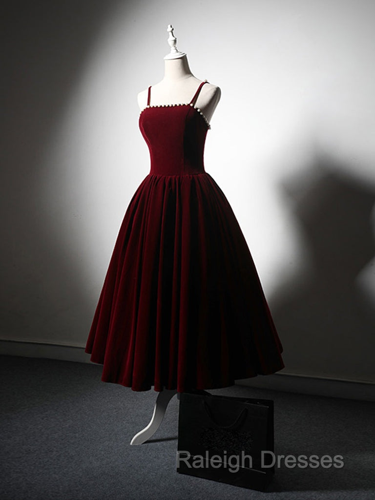 A-Line Velvet Tea Length Burgundy Prom Dress, Burgundy Cocktail Dress