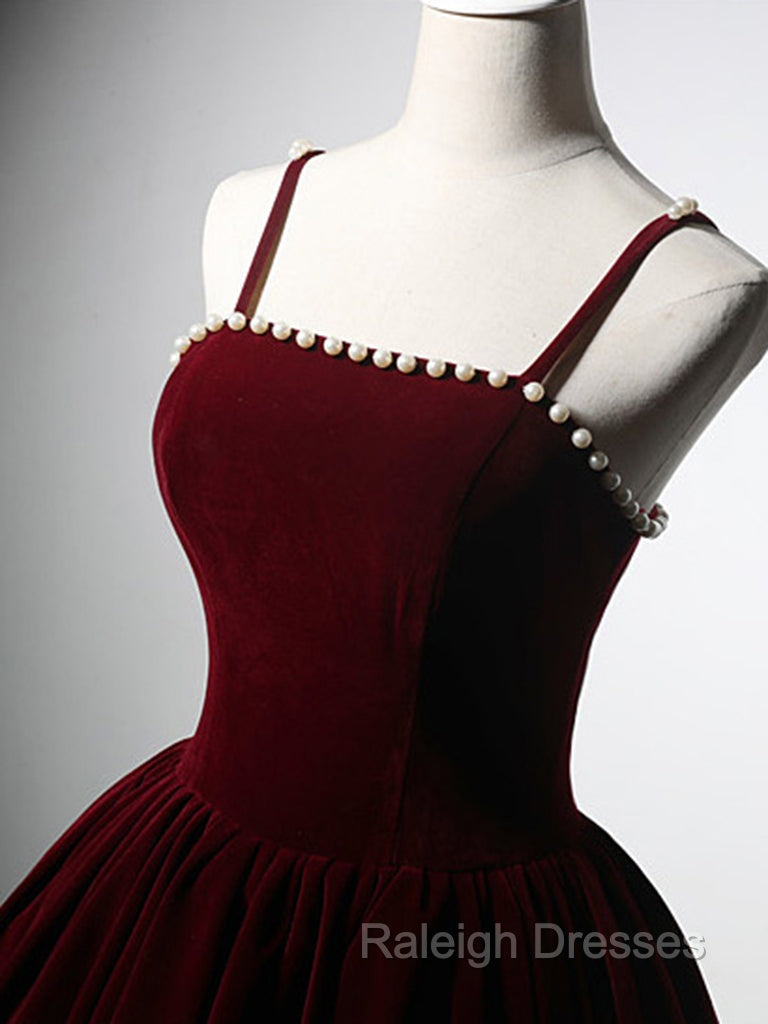 A-Line Velvet Tea Length Burgundy Prom Dress, Burgundy Cocktail Dress