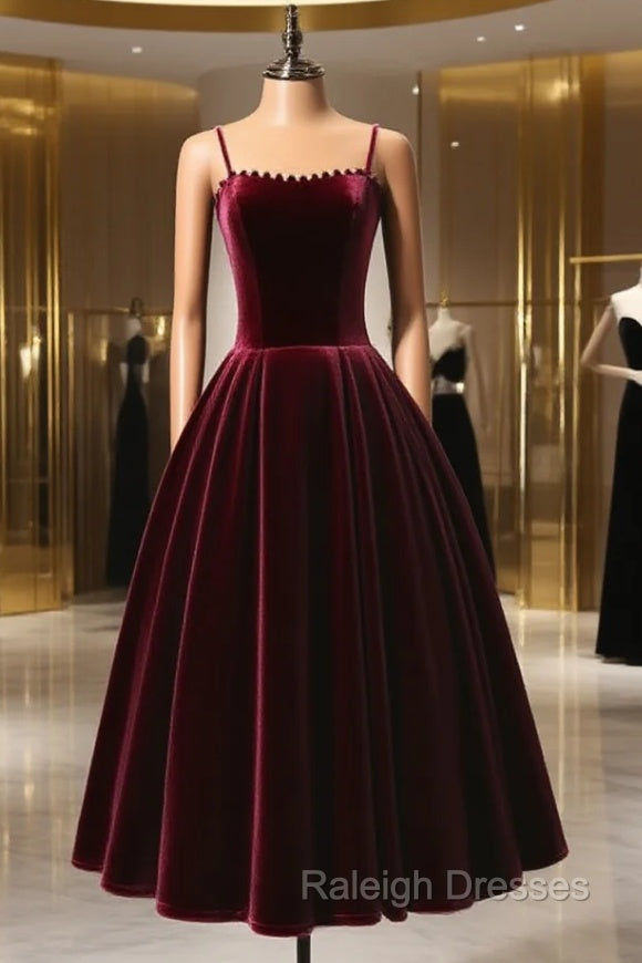 A-Line Velvet Tea Length Burgundy Prom Dress, Burgundy Cocktail Dress