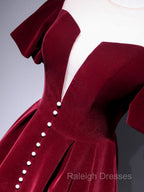 A Line Velvet Tea Length Prom Dress Burgundy Velvet Bridesmaid Dress