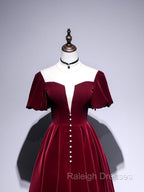 A Line Velvet Tea Length Prom Dress Burgundy Velvet Bridesmaid Dress