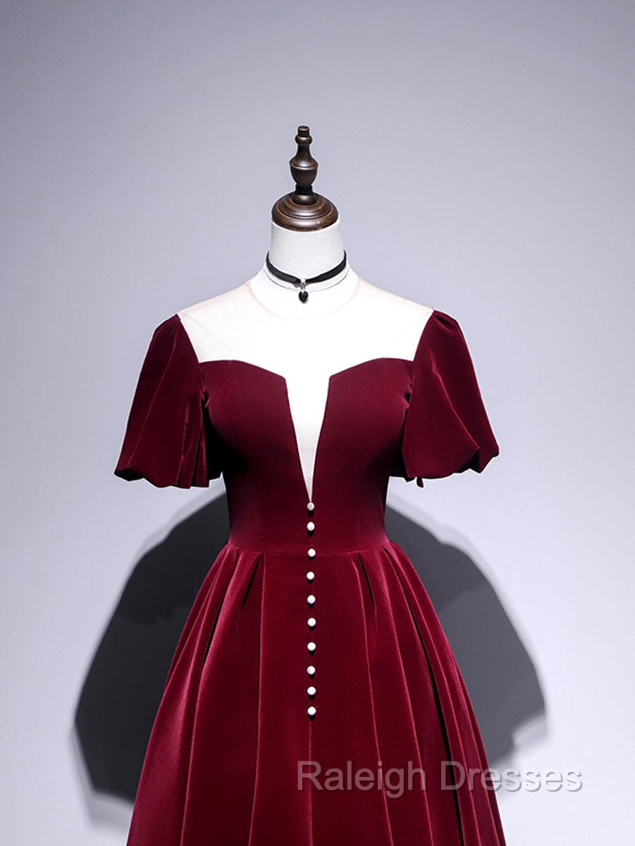 A Line Velvet Tea Length Prom Dress Burgundy Velvet Bridesmaid Dress