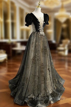 A line Velvet Tulle Lace Black Long Prom Dress, Black Formal Graduation Dresses