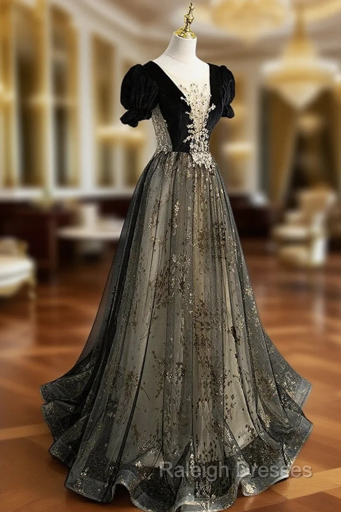 A line Velvet Tulle Lace Black Long Prom Dress, Black Formal Graduation Dresses