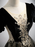 A Line Velvet Tulle Lace Black Long Prom Dresses Black Prom Graduation Dress