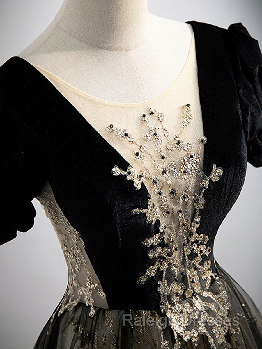 A Line Velvet Tulle Lace Black Long Prom Dresses Black Prom Graduation Dress