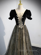 A line Velvet Tulle Lace Black Long Prom Dress, Black Formal Graduation Dresses