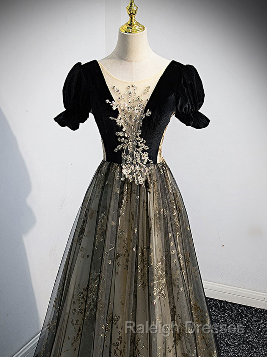 A line Velvet Tulle Lace Black Long Prom Dress, Black Formal Graduation Dresses