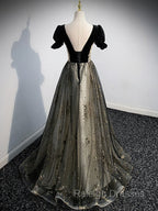 A Line Velvet Tulle Lace Black Long Prom Dresses Black Prom Graduation Dress