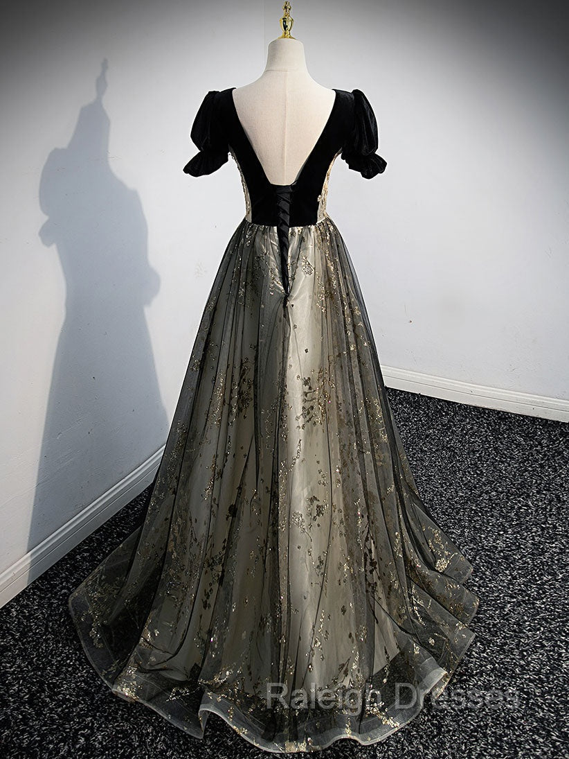 A Line Velvet Tulle Lace Black Long Prom Dresses Black Prom Graduation Dress