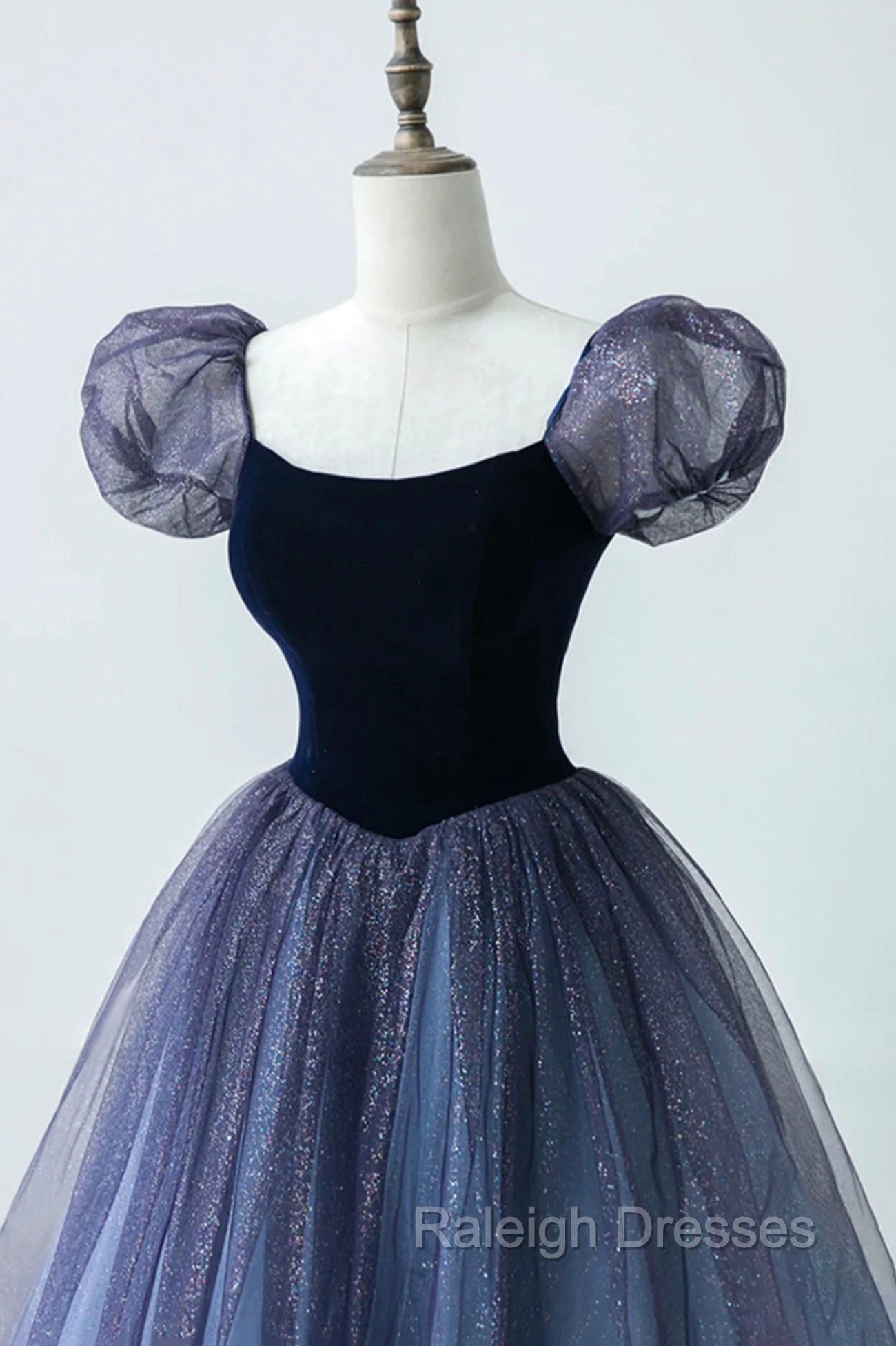A Line Velvet Tulle Long Prom Dress, Cute Short Sleeve Prom Prom Dress Secondary image