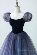 A Line Velvet Tulle Long Prom Dress, Cute Short Sleeve Prom Prom Dress