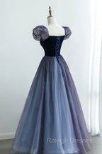 A Line Velvet Tulle Long Prom Dress, Cute Short Sleeve Prom Prom Dress