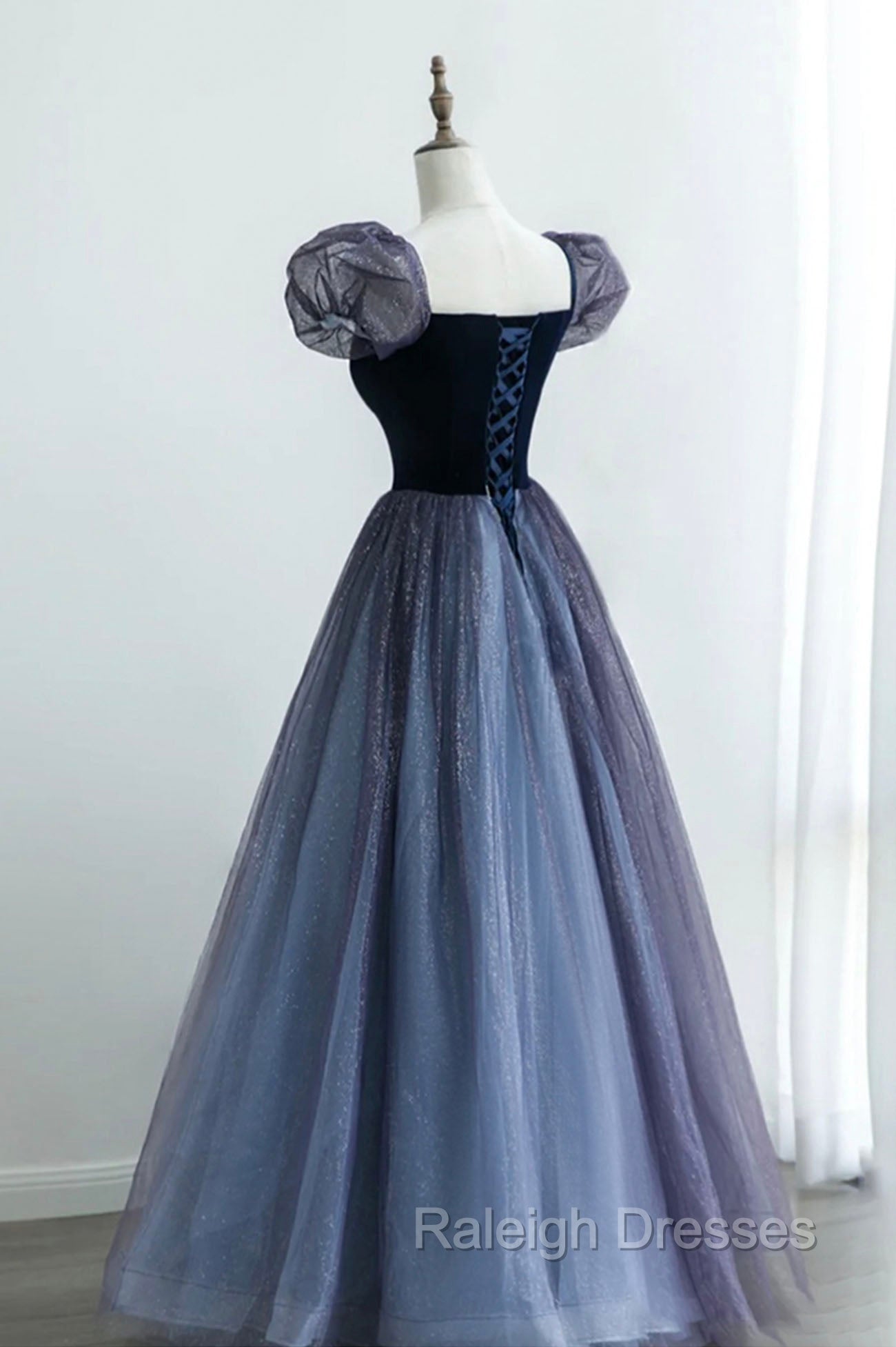 A Line Velvet Tulle Long Prom Dress, Cute Short Sleeve Prom Prom Dress