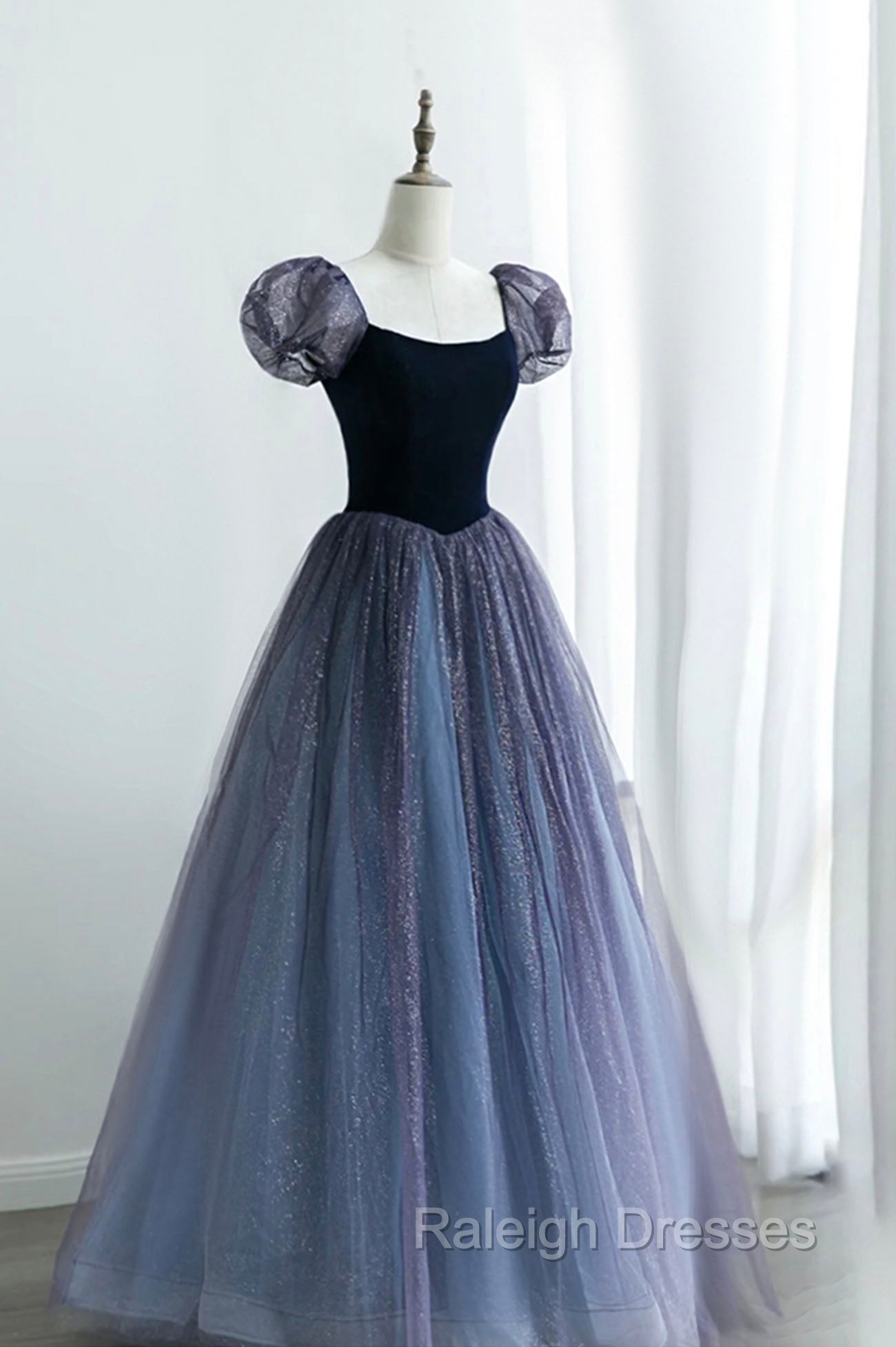 A-Line Velvet Tulle Long Prom Dress, Cute Short Sleeve Evening Party Dress Main image