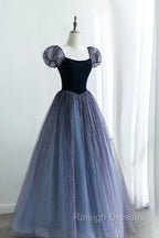 A Line Velvet Tulle Long Prom Dress, Cute Short Sleeve Prom Prom Dress