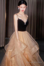 A-Line Velvet Tulle Long Prom Dress, Cute Spaghetti Strap Graduation Dress