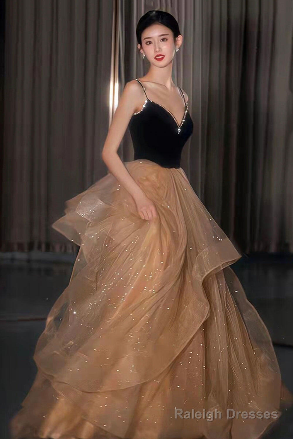 A-Line Velvet Tulle Long Prom Dress, Cute Spaghetti Strap Graduation Dress