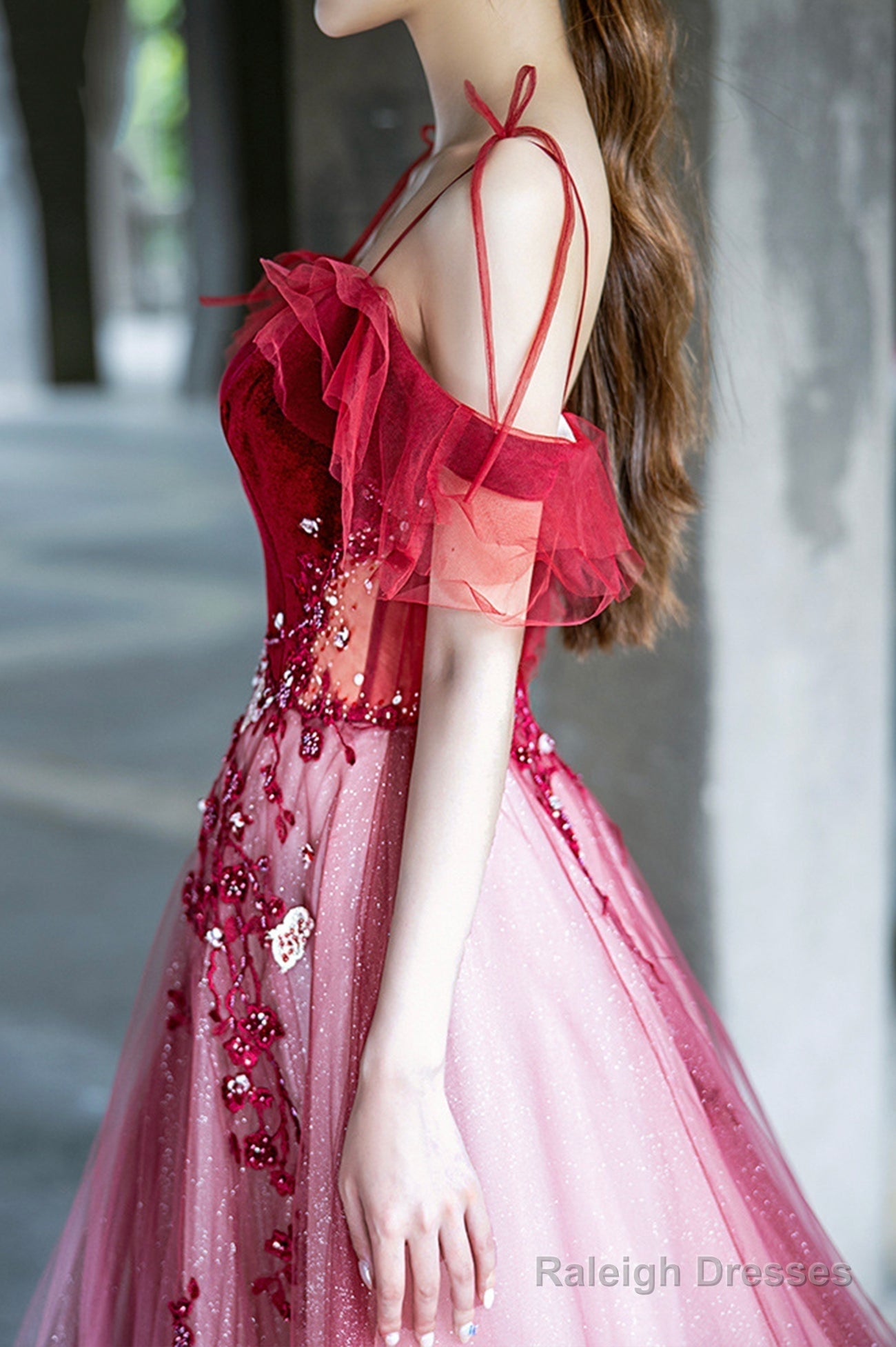 A-Line Velvet Tulle Long Prom Dress, Lovely Lace Off The Shoulder Evening Dress Secondary image