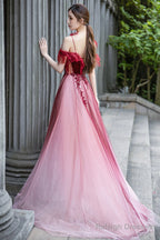 A-Line Velvet Tulle Long Prom Dress, Lovely Lace Off The Shoulder Evening Dress