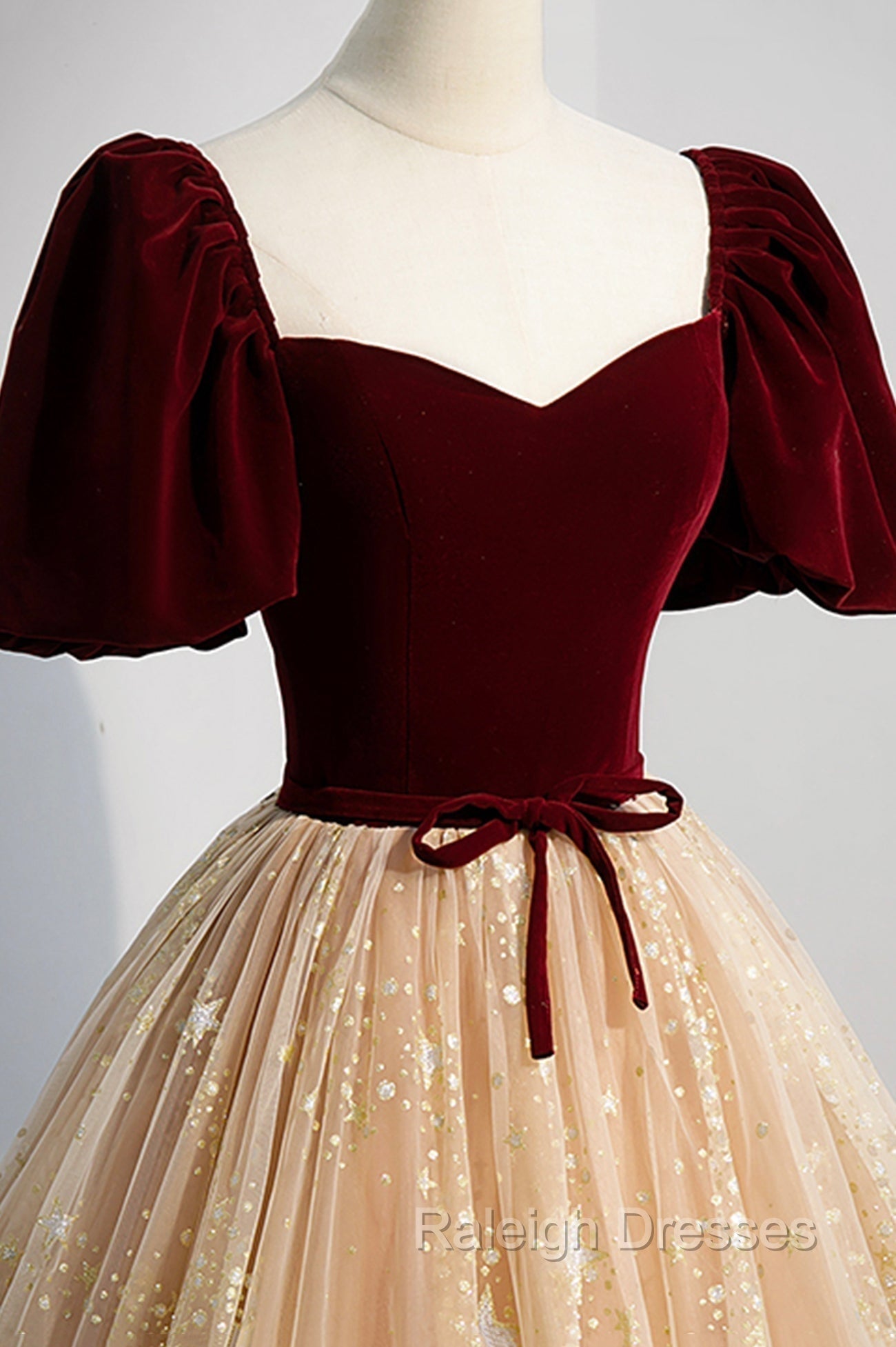 A-Line Velvet Tulle Long Prom Dress, Lovely Short Sleeve Graduation Dress Secondary image