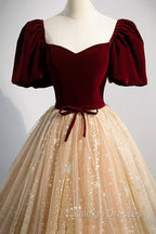 A Line Velvet Tulle Long Prom Dress, Lovely Short Sleeve Graduation Dress