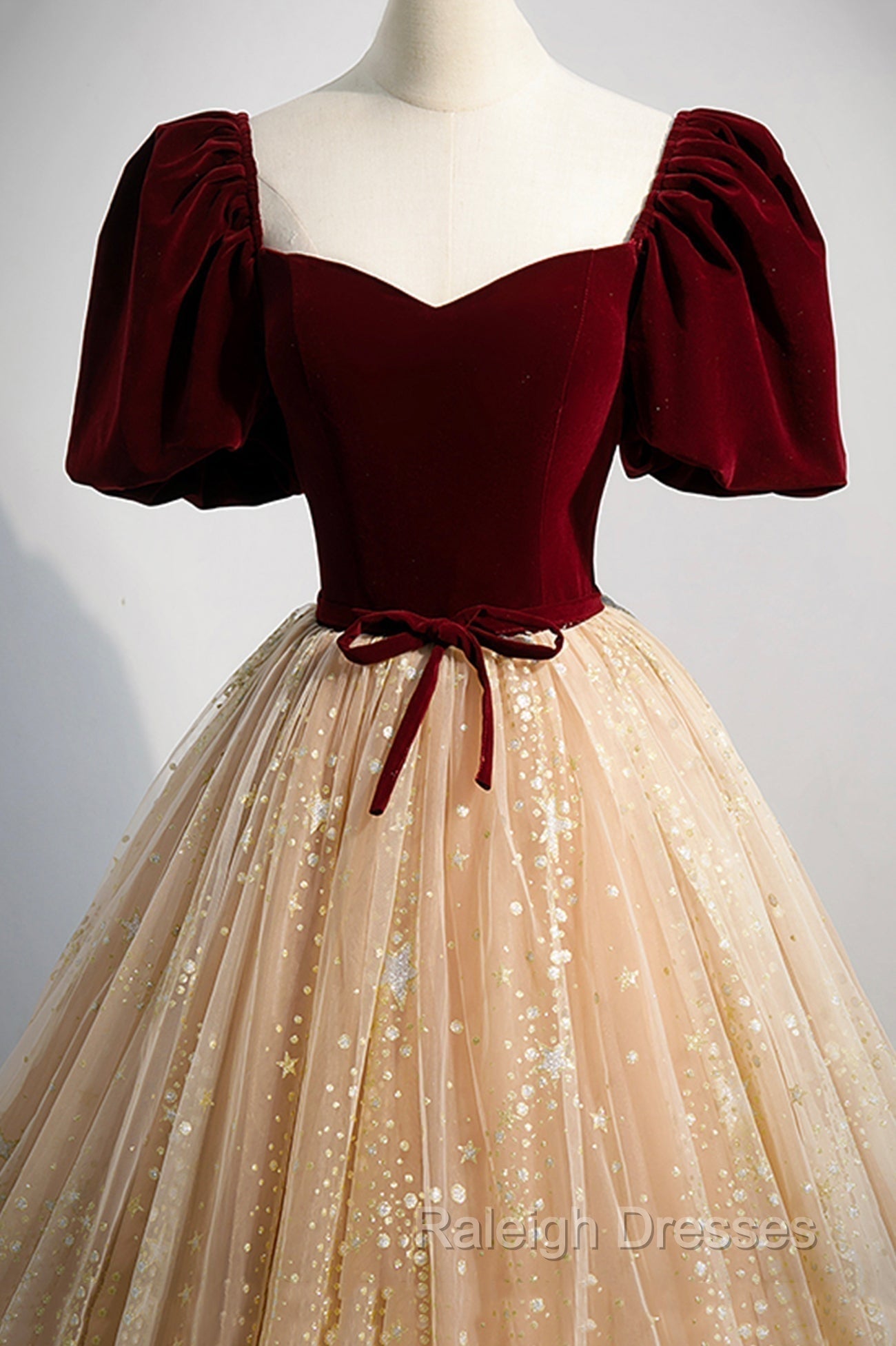 A Line Velvet Tulle Long Prom Dress, Lovely Short Sleeve Graduation Dress