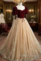 A-Line Velvet Tulle Long Prom Dress, Lovely Short Sleeve Graduation Dress