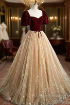 A Line Velvet Tulle Long Prom Dress, Lovely Short Sleeve Graduation Dress