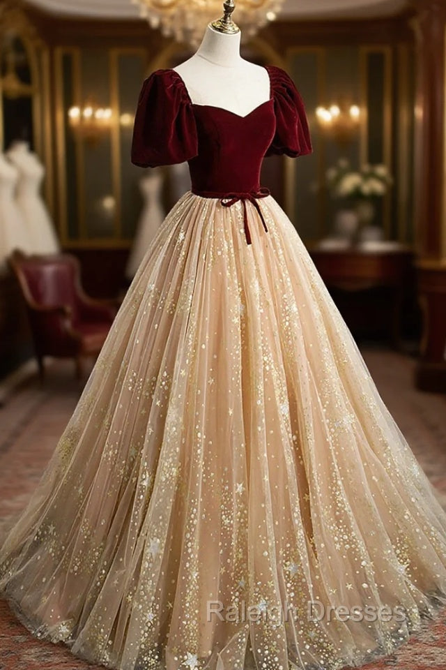 A Line Velvet Tulle Long Prom Dress, Lovely Short Sleeve Graduation Dress