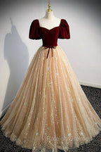 A Line Velvet Tulle Long Prom Dress, Lovely Short Sleeve Graduation Dress