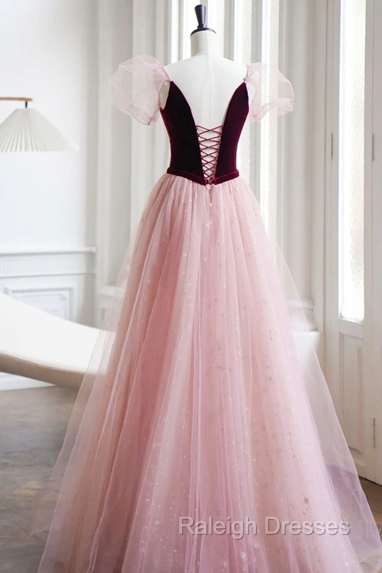 A Line Velvet Tulle Long Prom Dresses Pink Short Sleeve Prom Dresses Secondary image