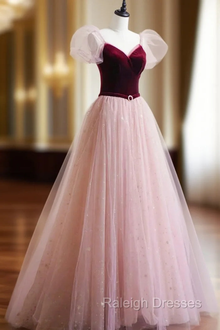 A-Line Velvet Tulle Long Prom Dress, Pink Short Sleeve Formal Evening Dress Main image