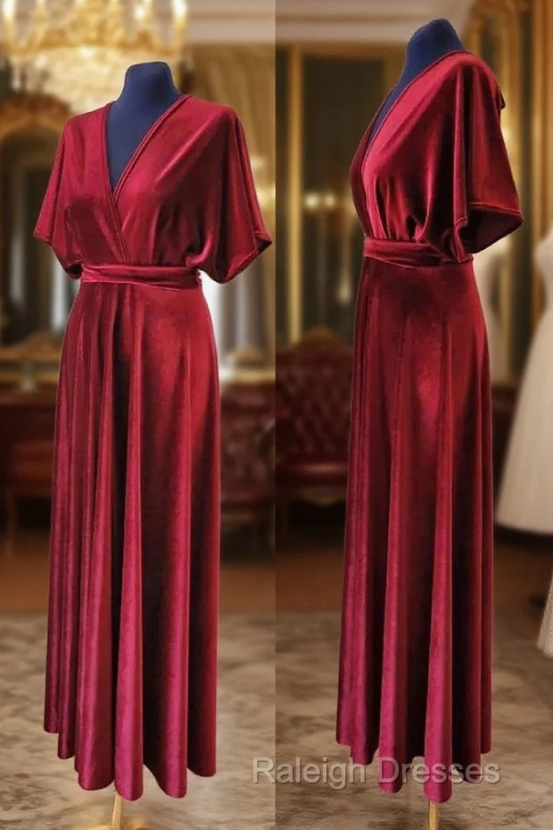 A-Line Velvet V-Neck Formal Dresses Long Bridesmaid Dress