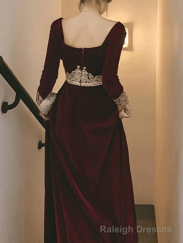 A-Line Vintage Formal Velvet Evening Dress with Appliques,Long Sleeve Dinner Dresses