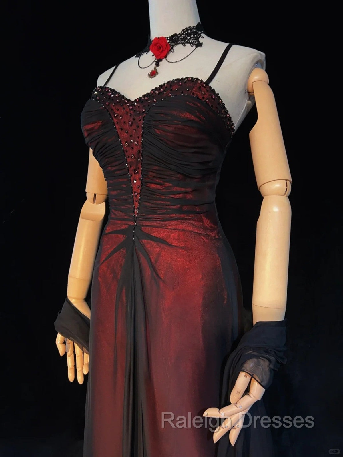 A-line Vintage Style Black and Red Beaded Prom Dress, Black and Red Formal Dress Secondary image